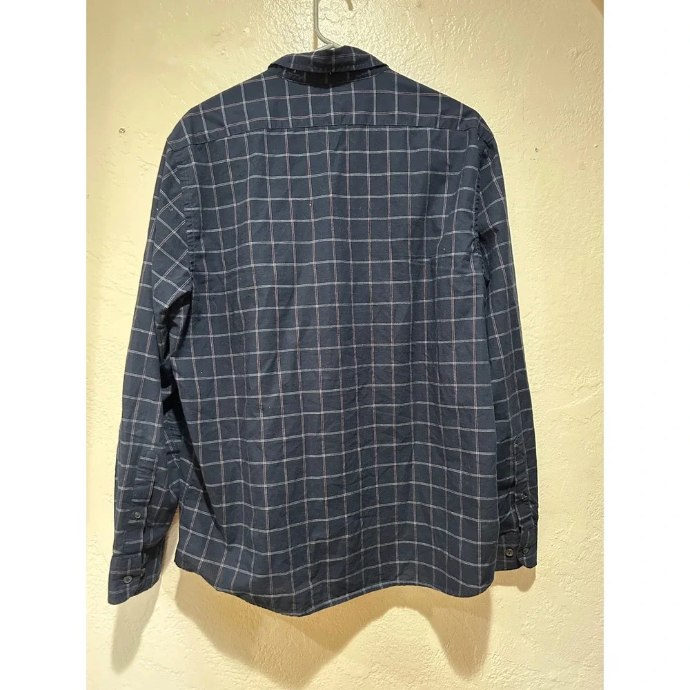 Banana Republic‎ Mens Untucked Fit Navy Blue Grid Check Cotton Shirt Large L